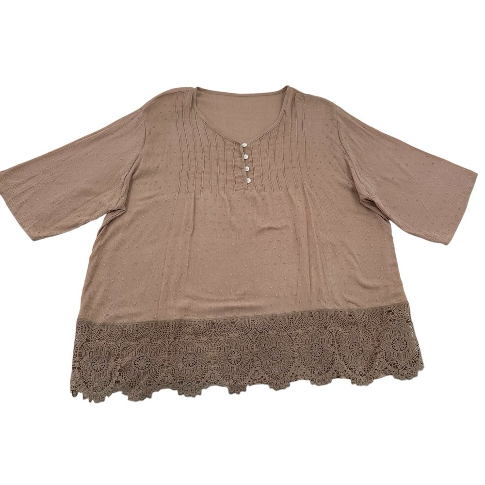 Boho Swiss Dot Crochet Lace Hem Pintuck Blouse Mauve Brown Half Sleeve Top Fall